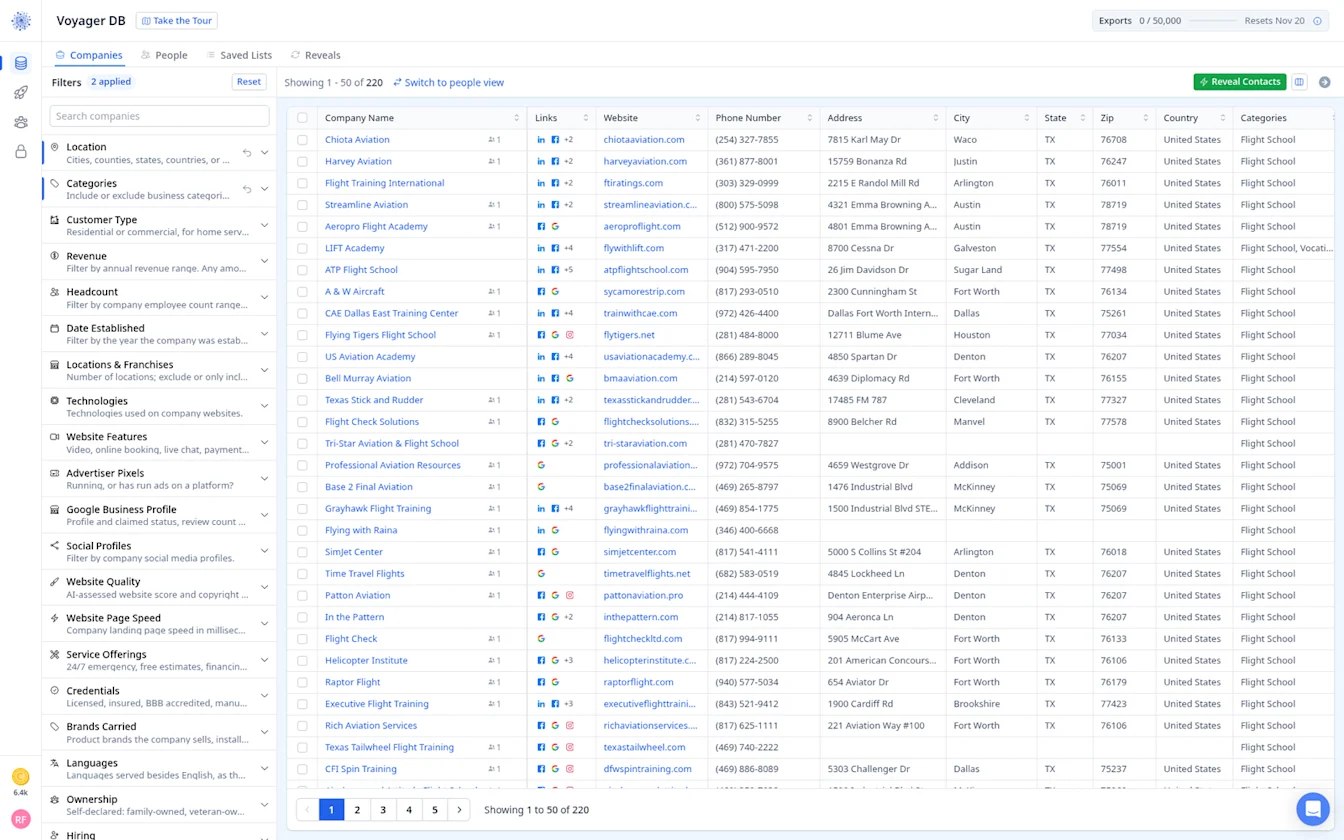 Voyager results showing 220 flight schools and aviation training companies in Texas
