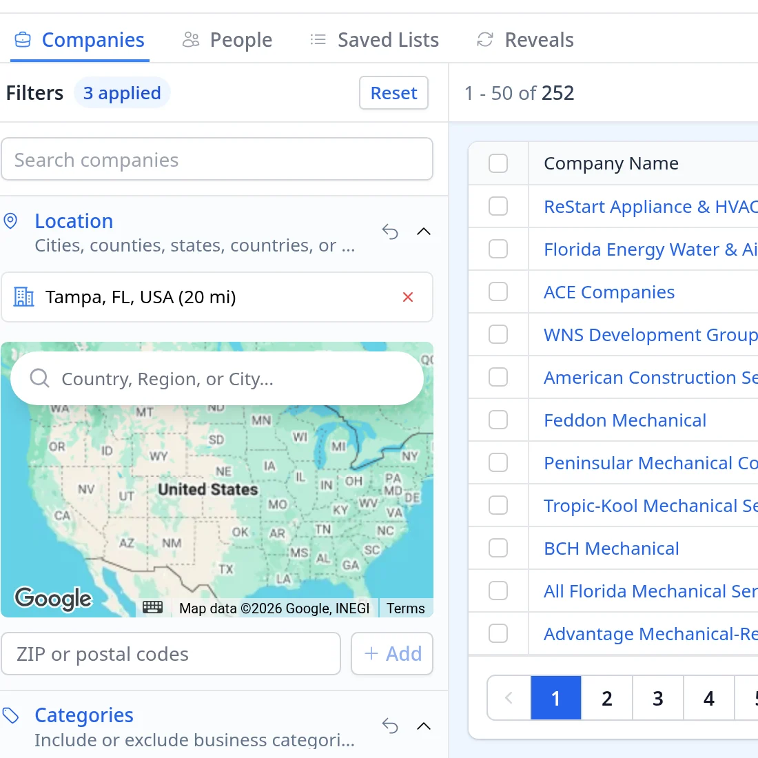 Voyager Companies tab filter panel for this search