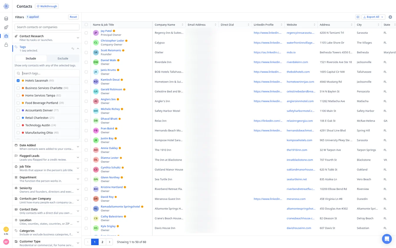 Contacts filtered by the Hotels Savannah tag, showing 60 contacts with emails blurred