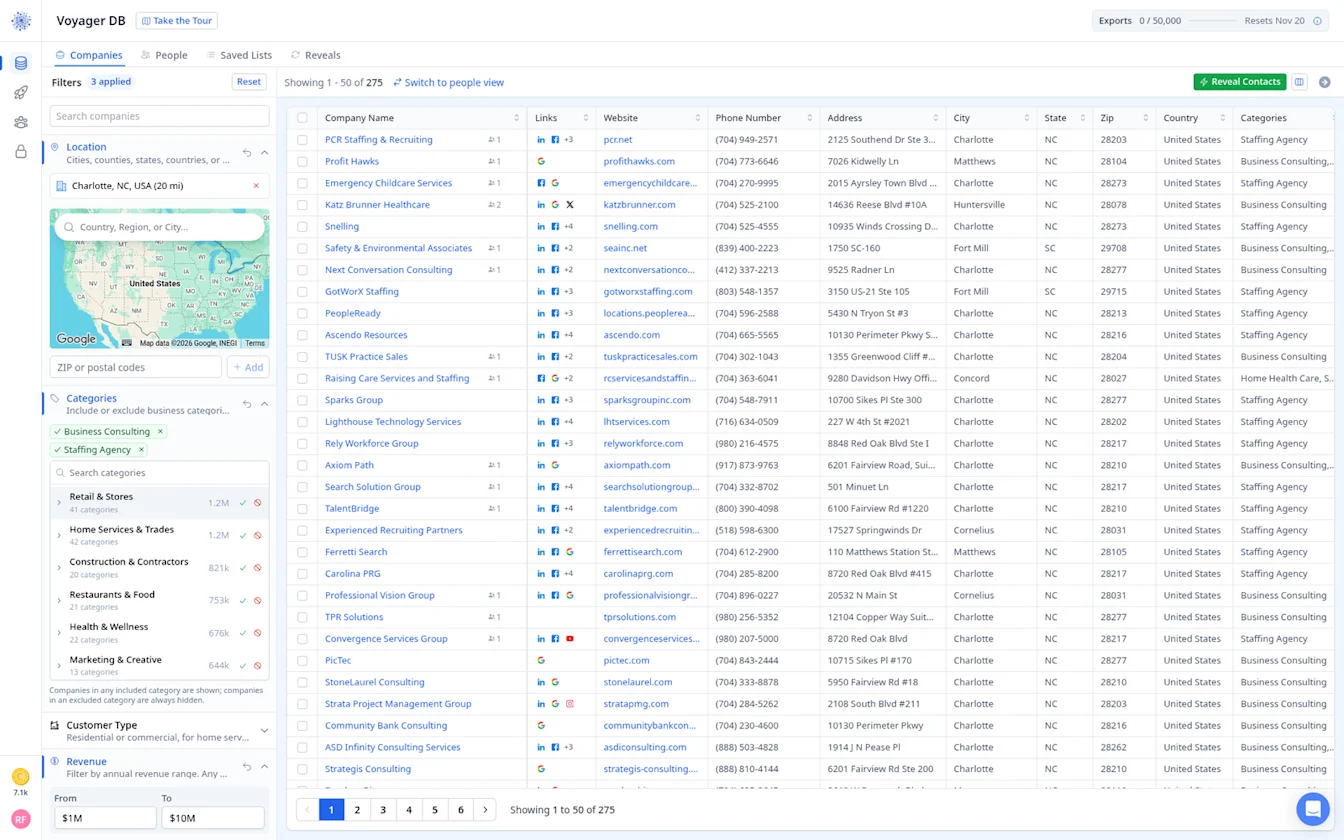 Voyager results showing 275 consulting and staffing firms around Charlotte, NC