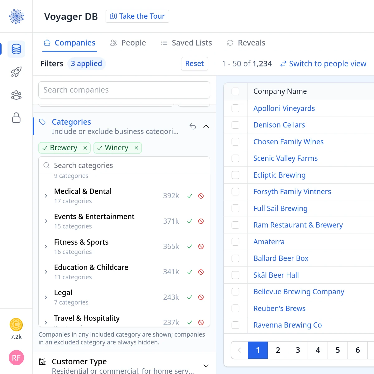Voyager Companies tab with Brewery and Winery categories included