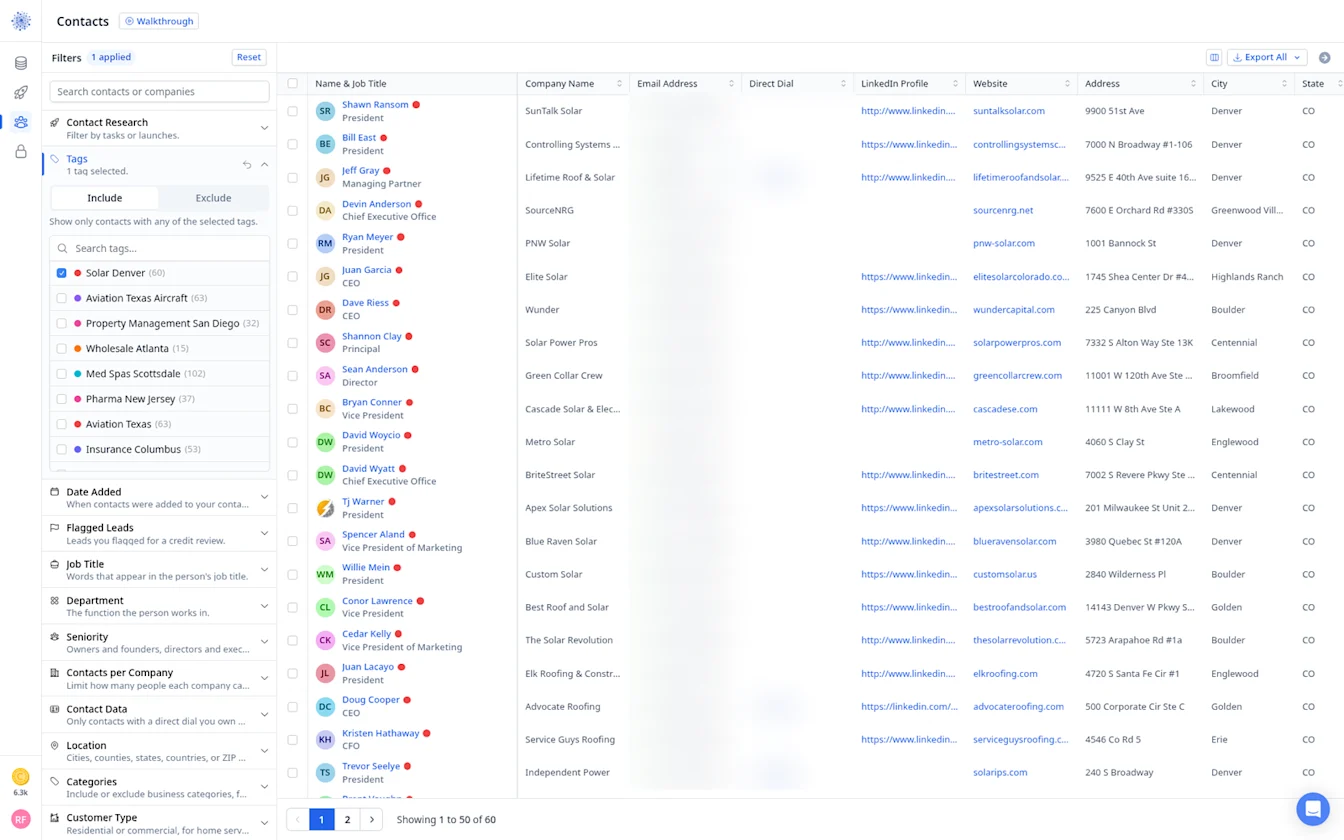 Contacts filtered by the Solar Denver tag, showing 60 contacts with emails blurred