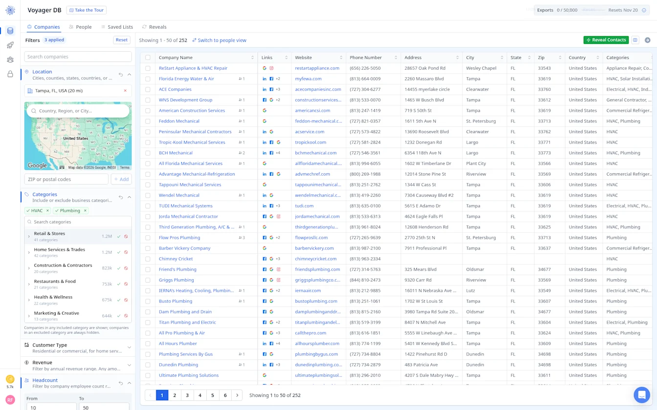 Voyager Companies tab with the same filters showing 252 companies