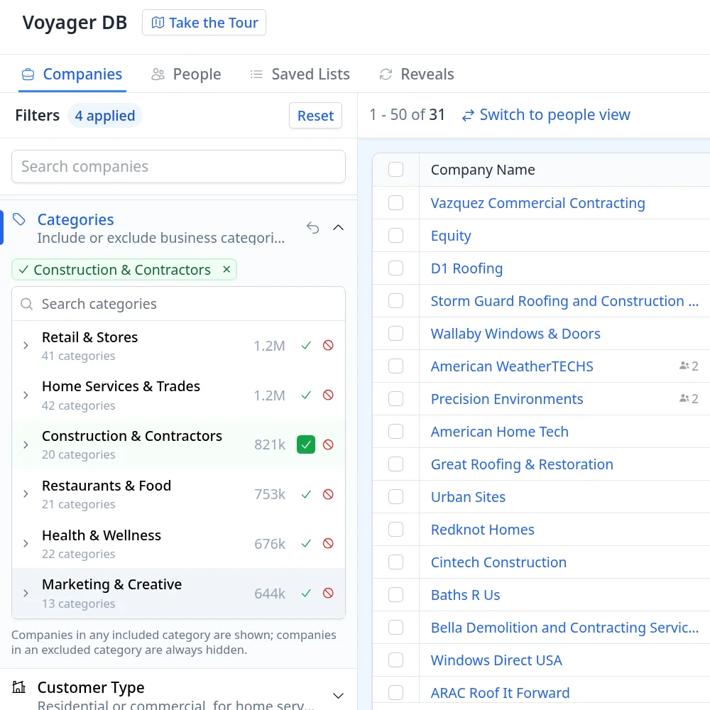 Voyager Categories filter with Construction & Contractors included, next to the 31 matching companies
