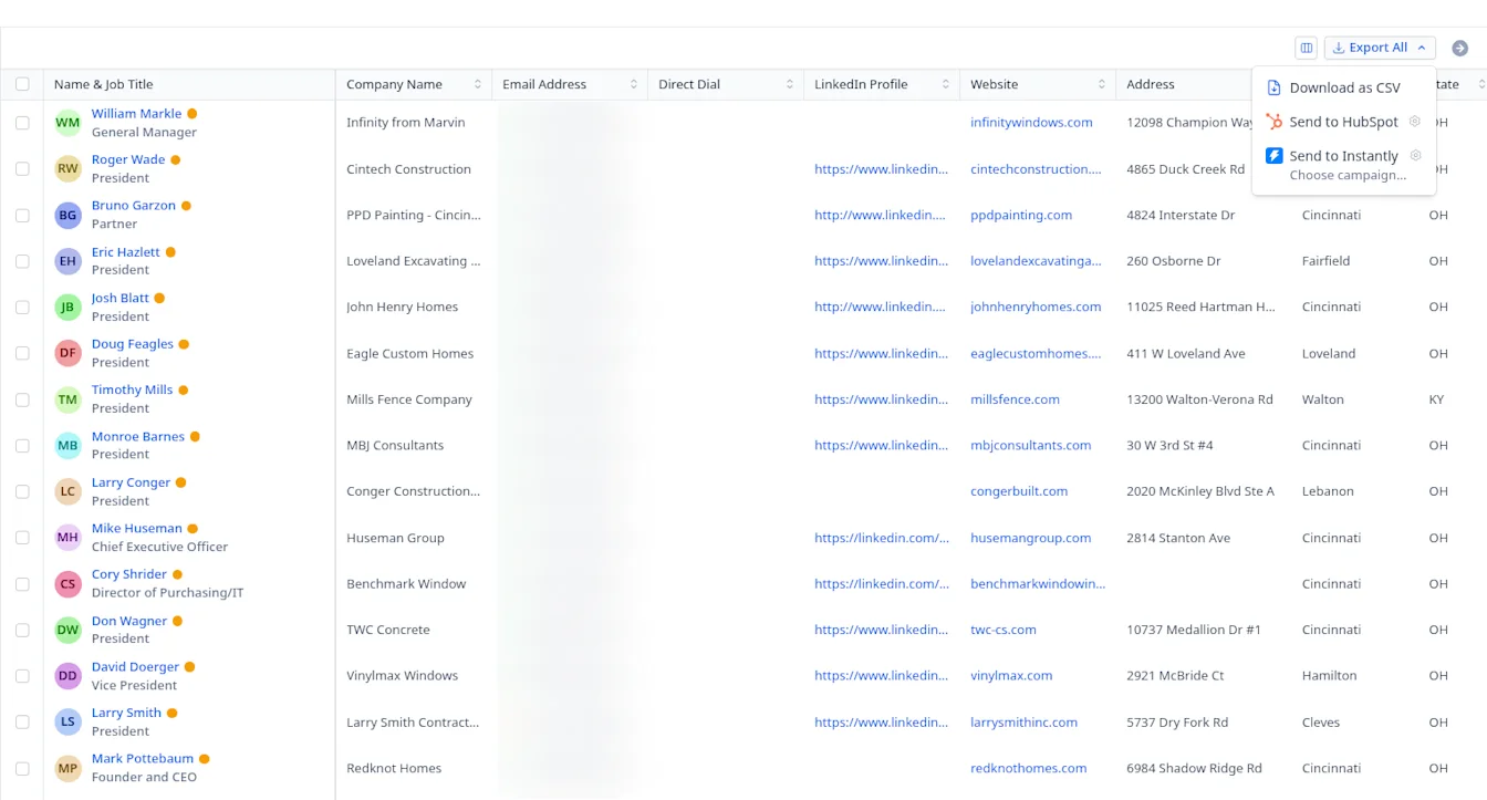 Export All menu with Download as CSV, Send to HubSpot and Send to Instantly, email addresses blurred