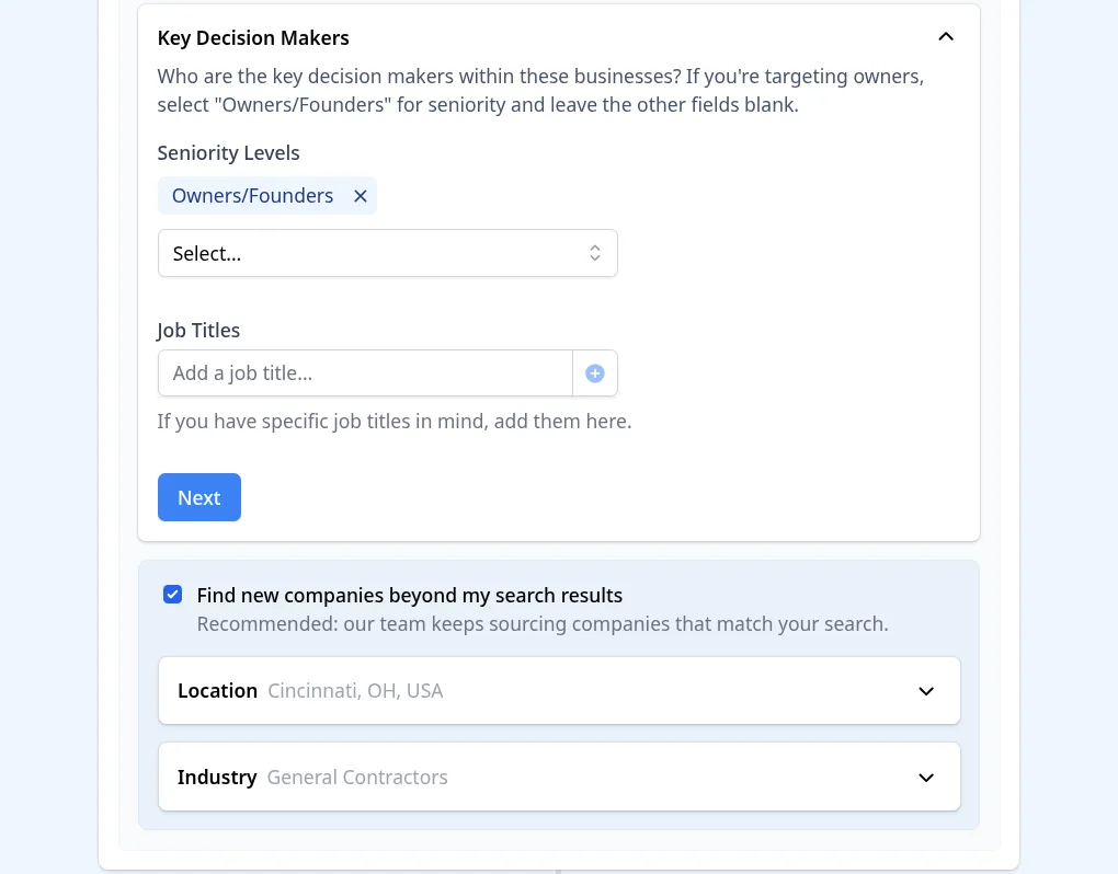 Contact Research targeting with Owners/Founders selected and Find new companies enabled, from our construction example