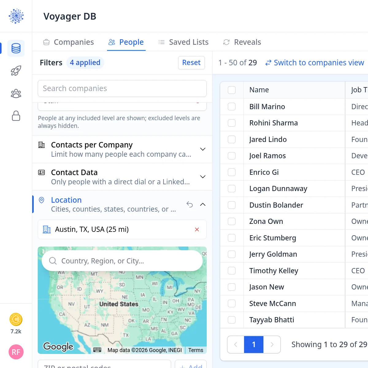 Voyager Location filter set to Austin, TX within 25 miles, showing 29 people