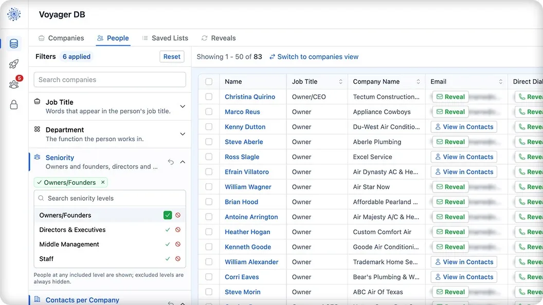 The People tab in Voyager DB with seniority set to Owners & Founders, showing named owners of HVAC and plumbing companies