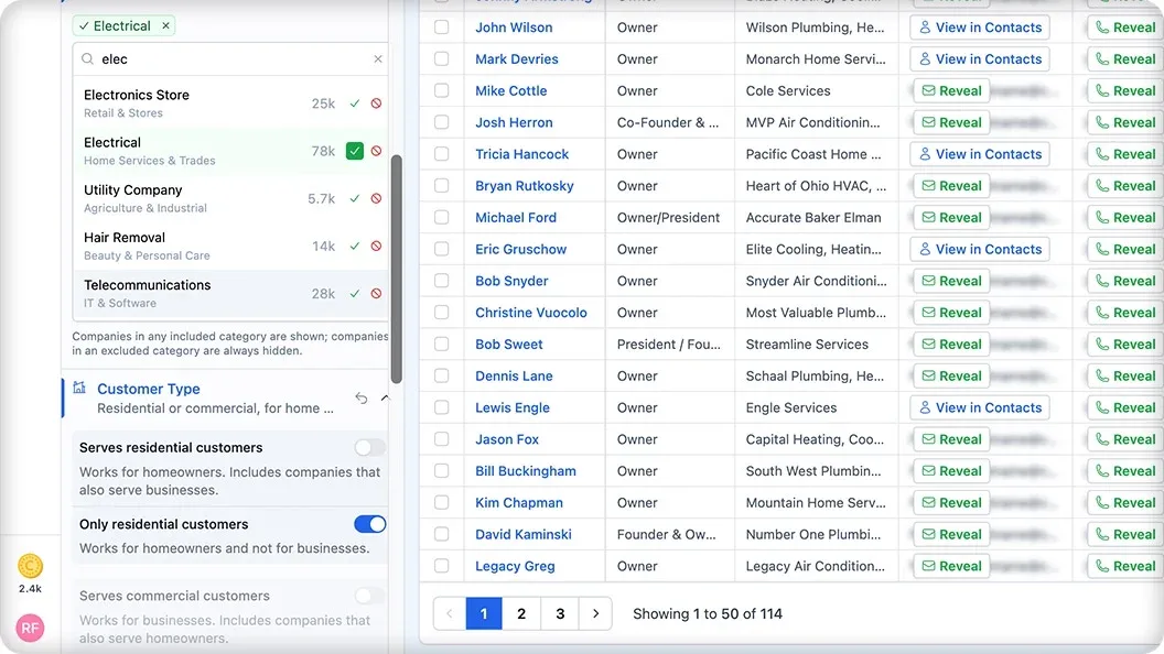 The Customer Type filter set to residential customers only, with matching contacts in the results