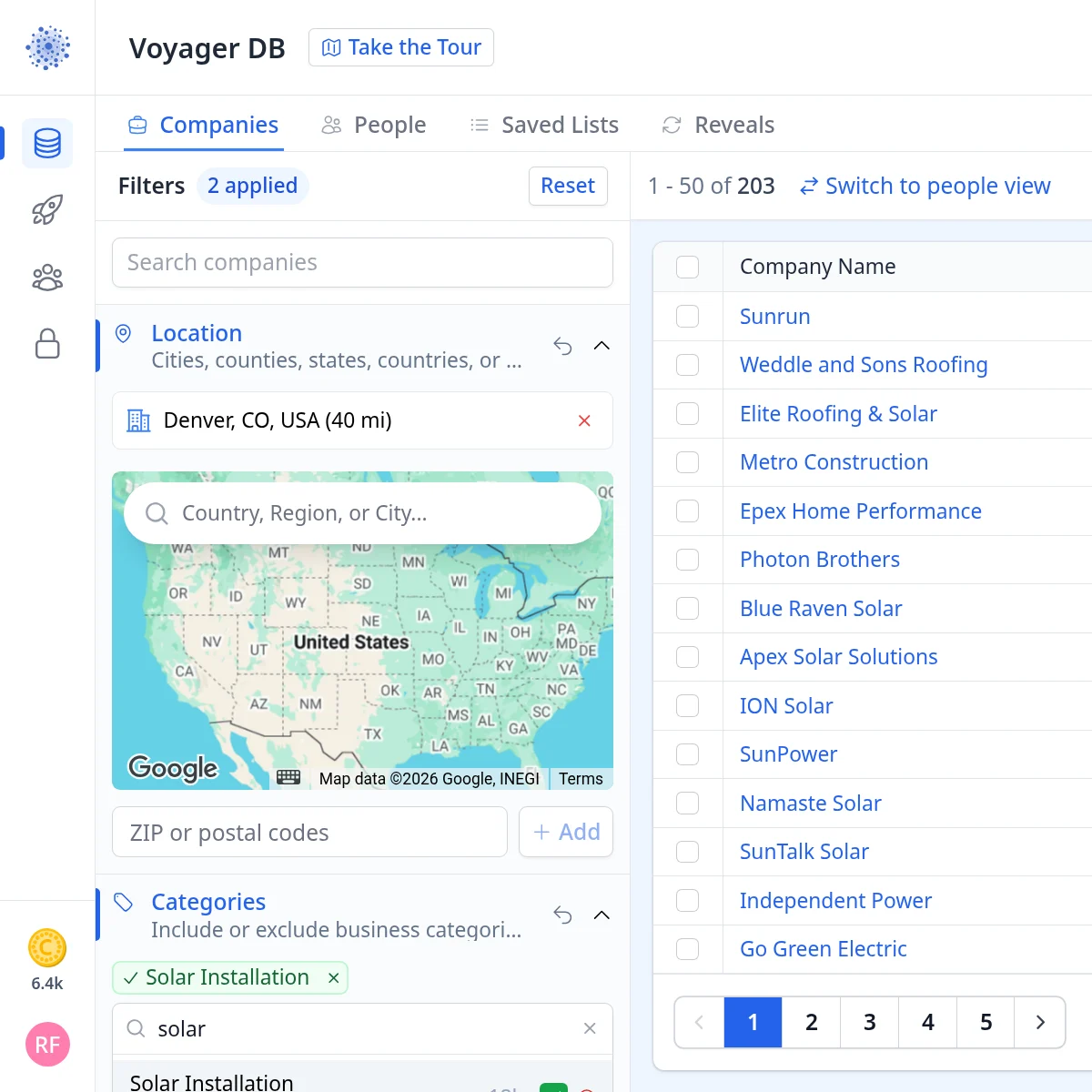 Voyager Location filter set to Denver, CO within 40 miles