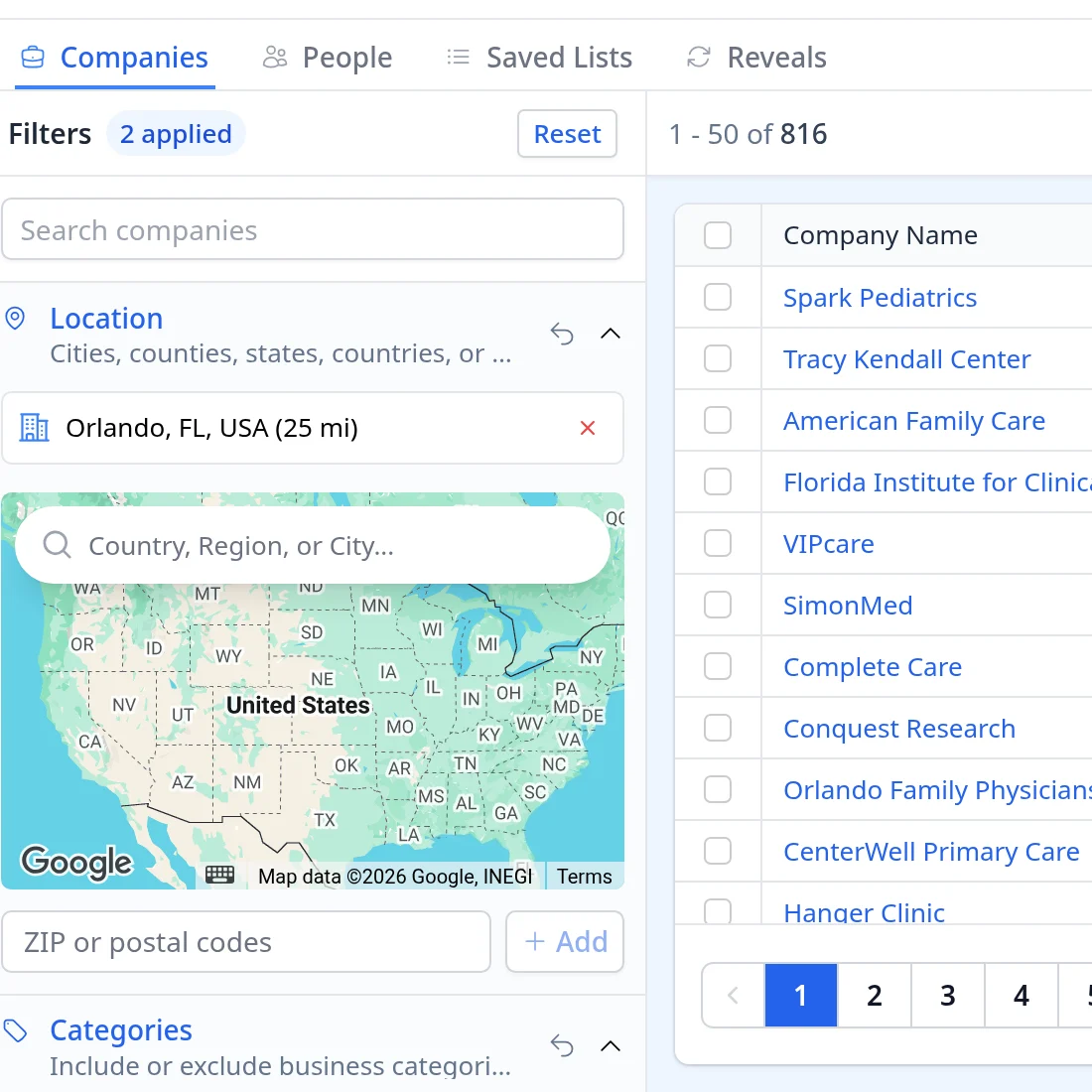 Voyager Companies tab filter panel for this search