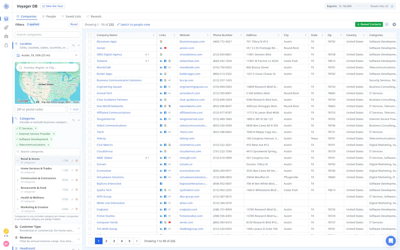 Voyager Companies tab with the same filters showing 232 companies