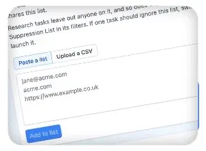 The suppression list screen in Settings with emails and domains pasted in and an Upload a CSV option