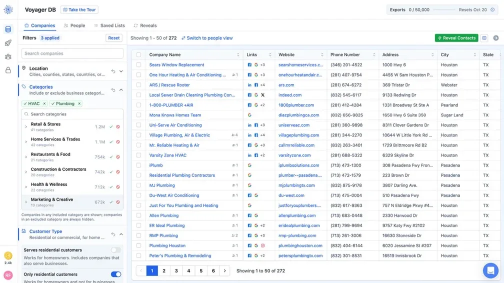 The Categories filter in Voyager DB and a list of matching home services companies in the results