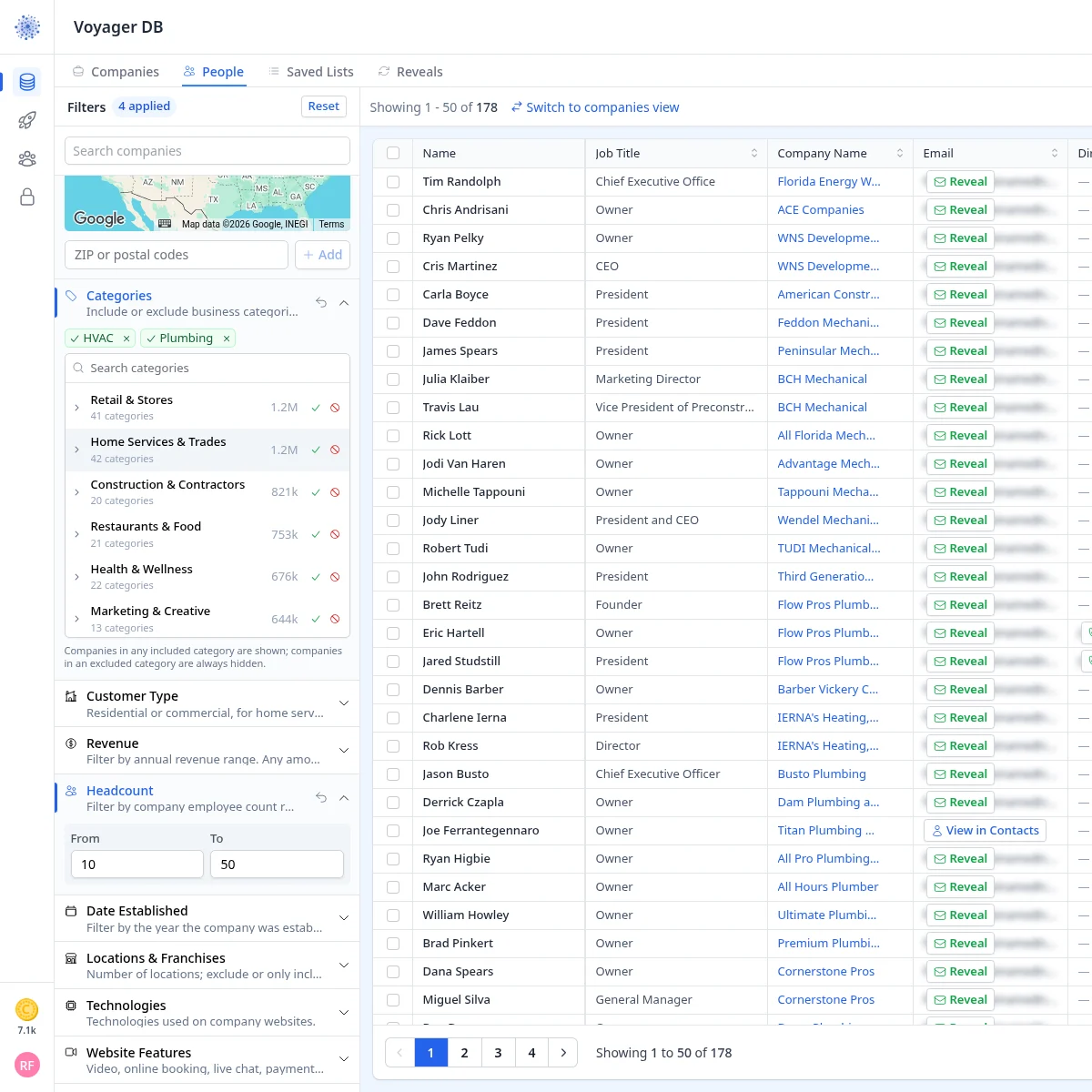 Voyager People tab with HVAC and Plumbing categories included