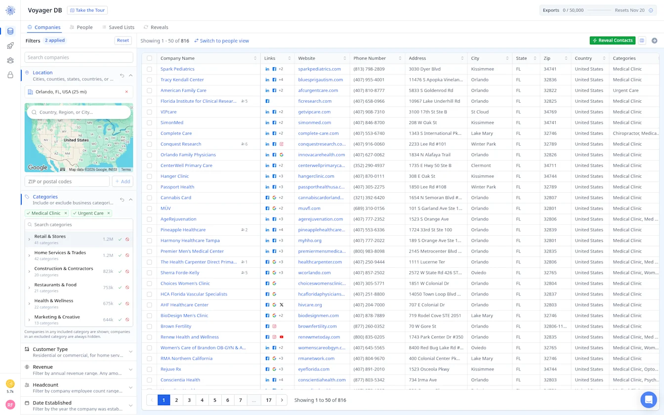 Voyager Companies tab with the same filters showing 816 companies