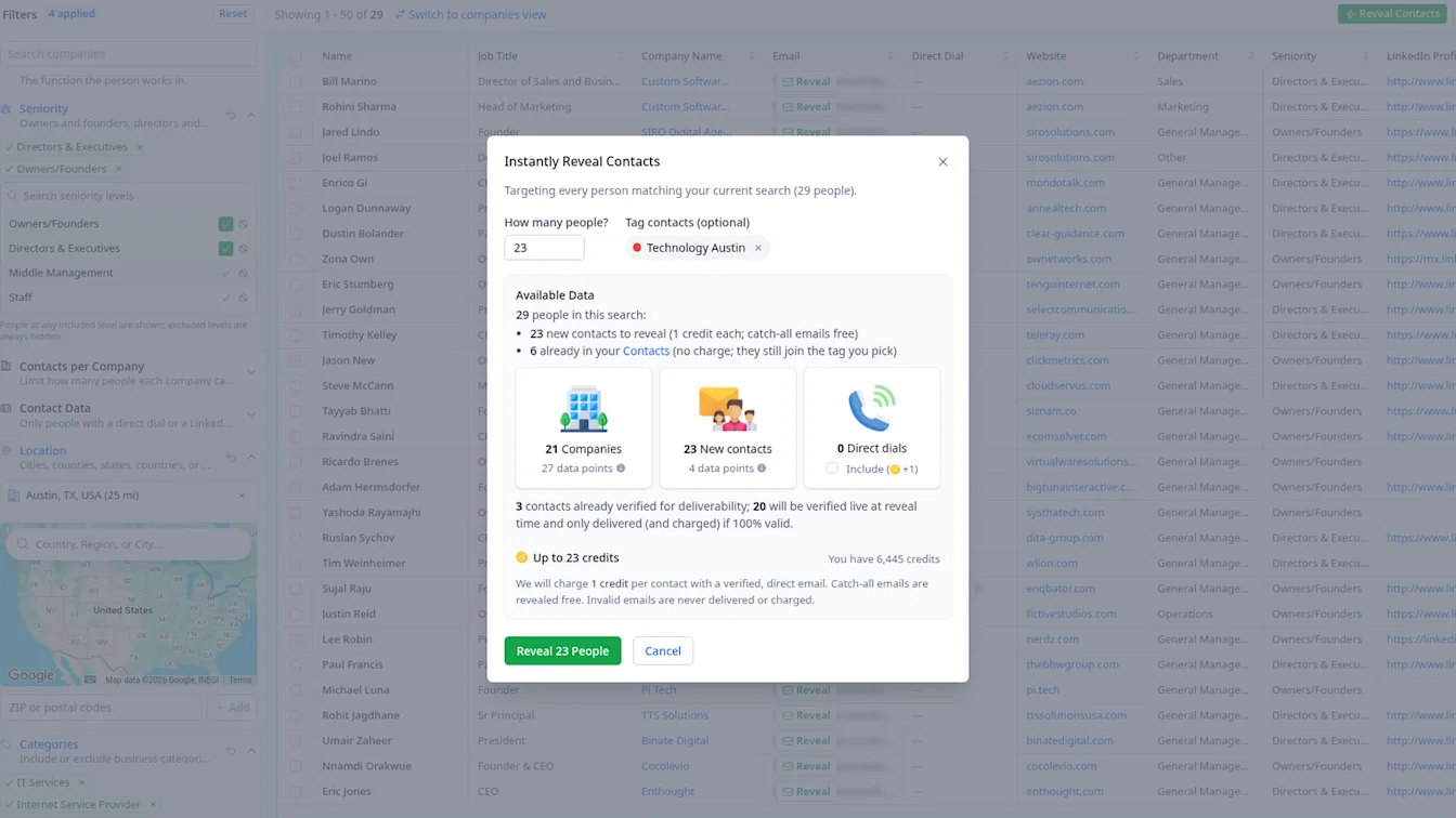 Instantly Reveal Contacts dialog with the Technology Austin tag, 23 new contacts and up to 23 credits