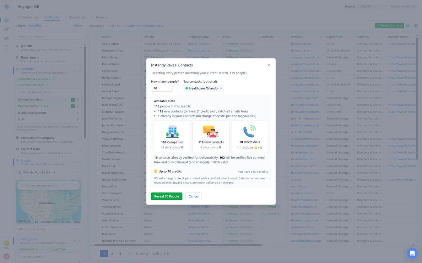 Instantly Reveal Contacts dialog for 70 people tagged Healthcare Orlando, up to 70 credits