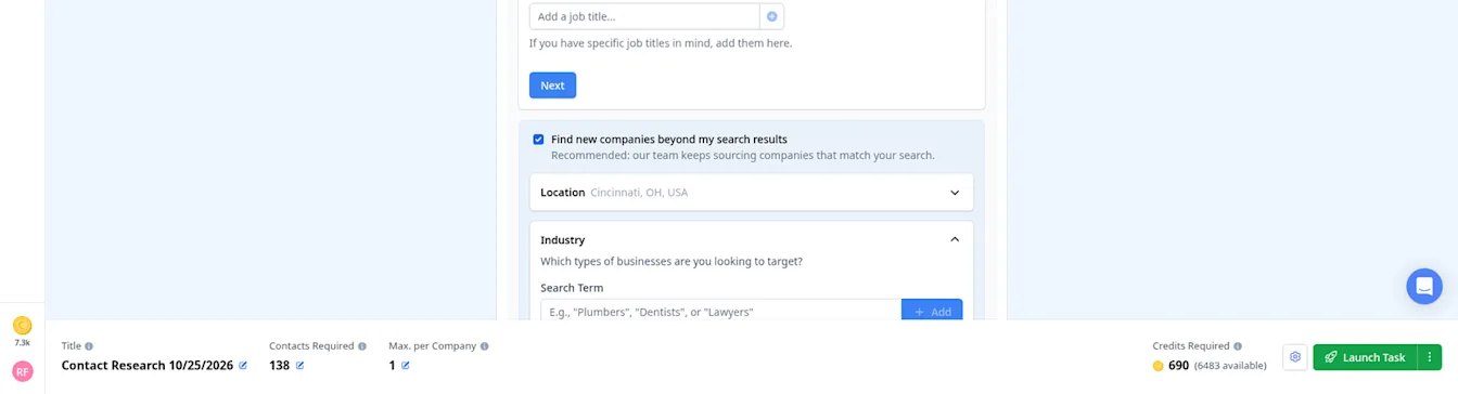 Contact Research footer showing contacts required, total credits and the Launch Task button, from our construction example