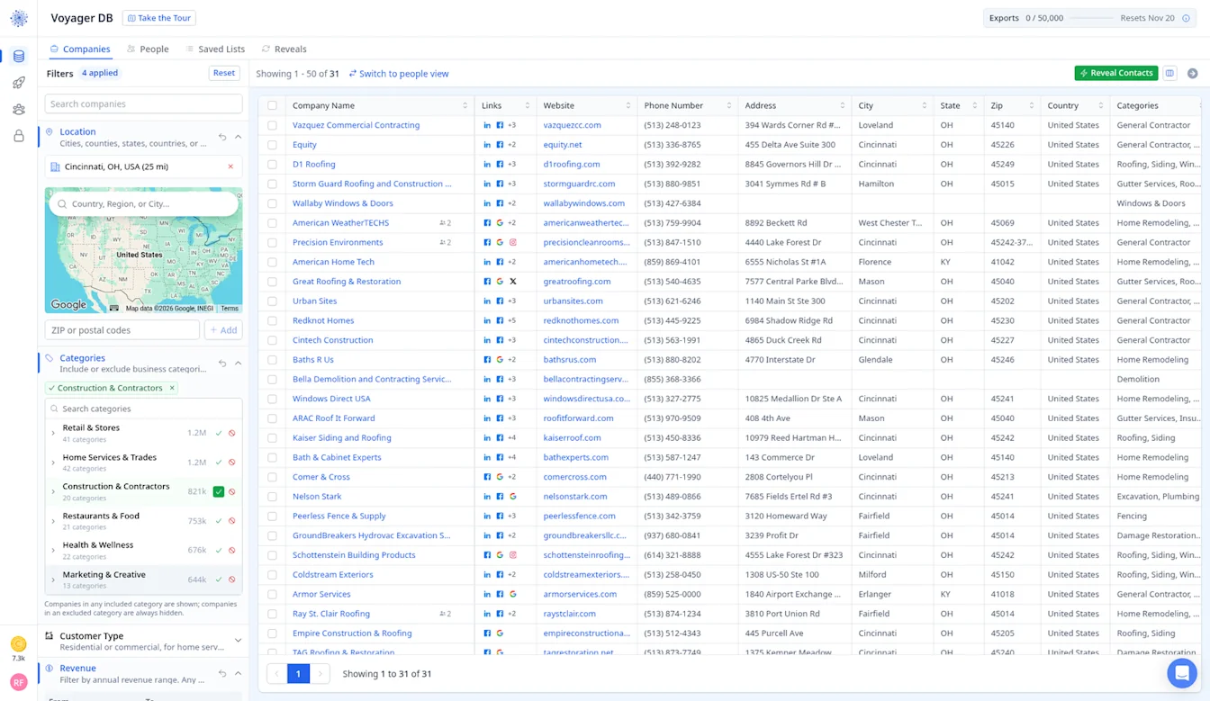 Voyager results showing 31 matching construction companies around Cincinnati, OH, with the Reveal Contacts button