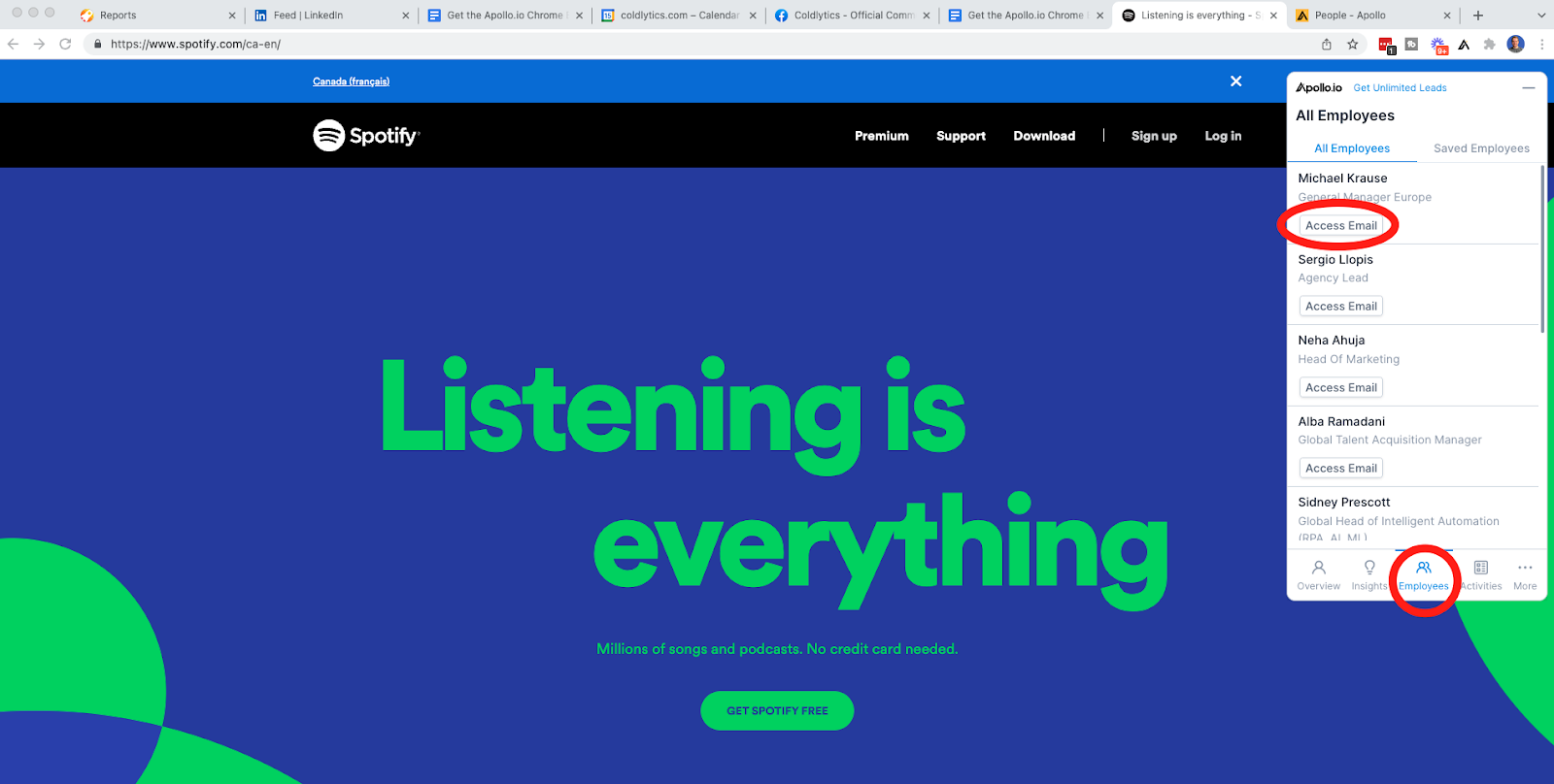 View company employees via the Apollo.io Chrome extension.
