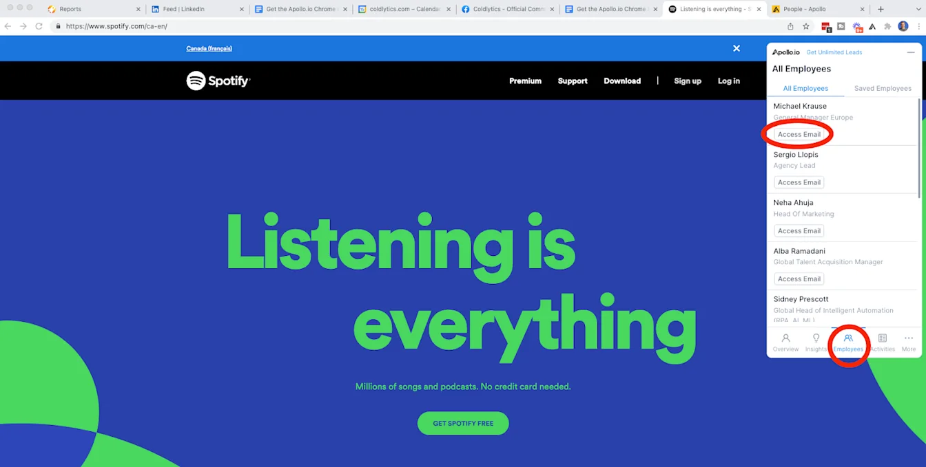 View company employees via the Apollo.io Chrome extension.