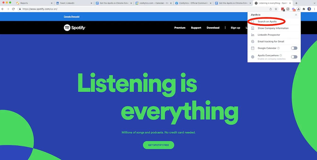Initiating a search using the Apollo Chrome Extension