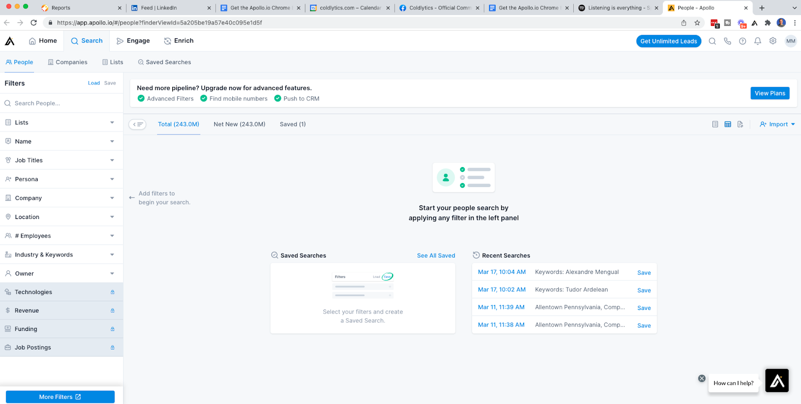 The extension opens up Apollo.io