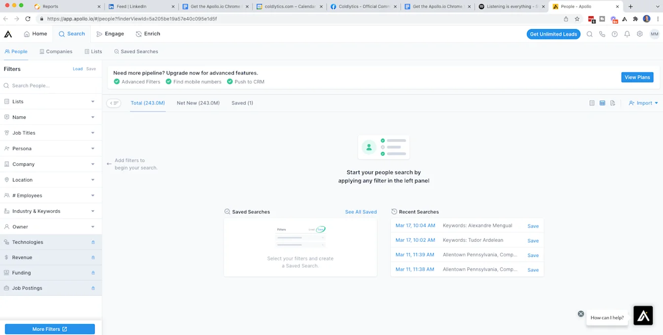 The extension opens up Apollo.io