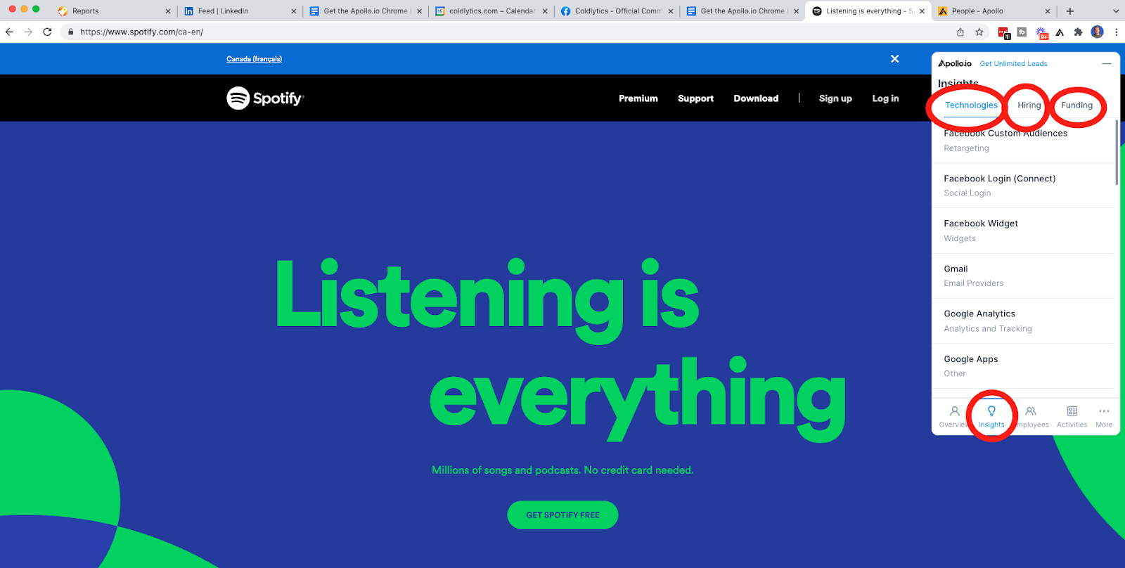 The insights view within the Apollo.io Chrome extension.