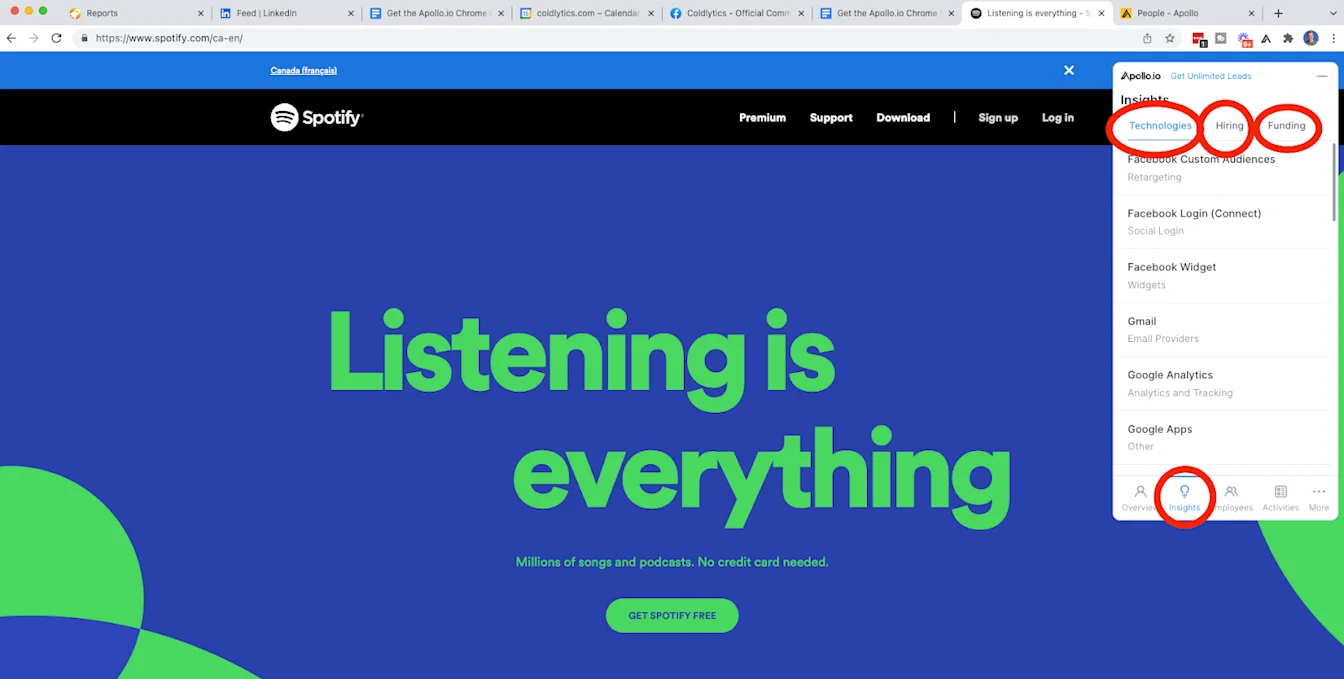 The insights view within the Apollo.io Chrome extension.