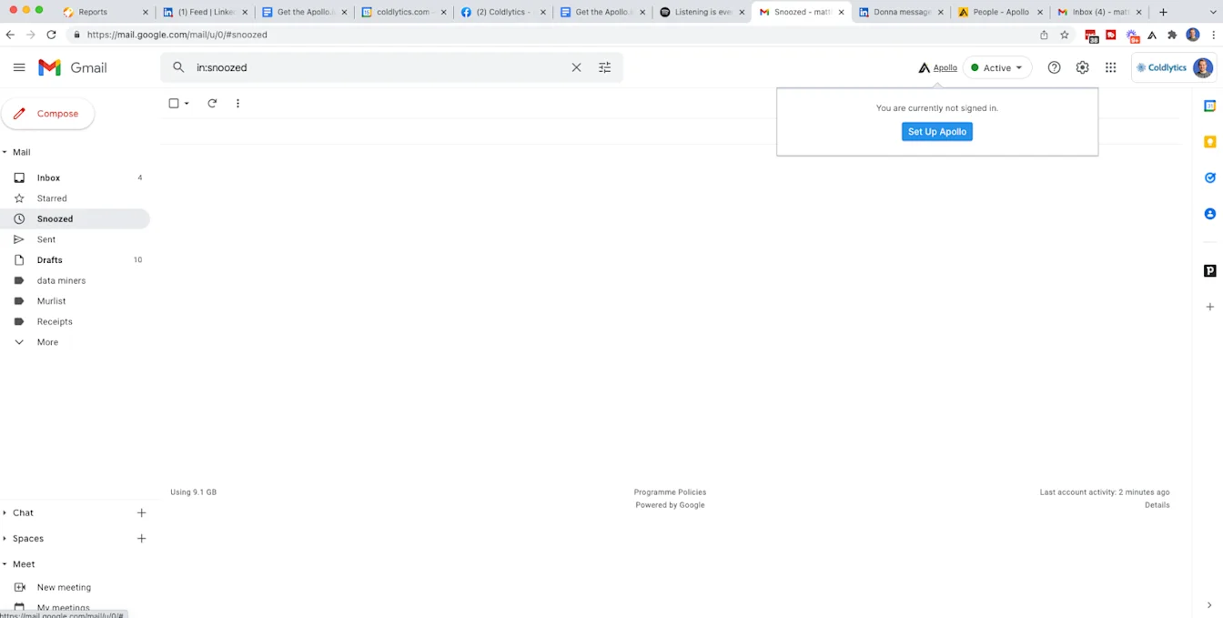 Connect your Gmail account to Apollo.io via the Chrome extension.