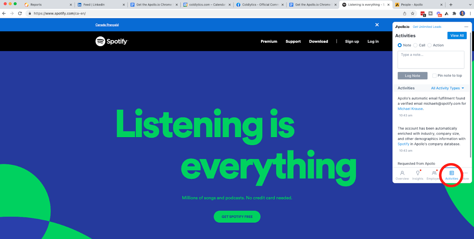 Make notes, or schedule actions via the Apollo.io Chrome extension.