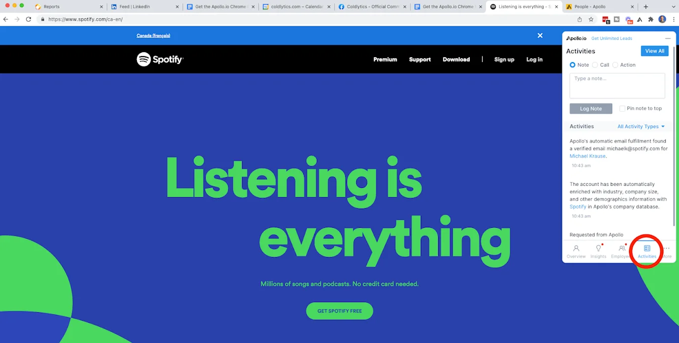 Make notes, or schedule actions via the Apollo.io Chrome extension.