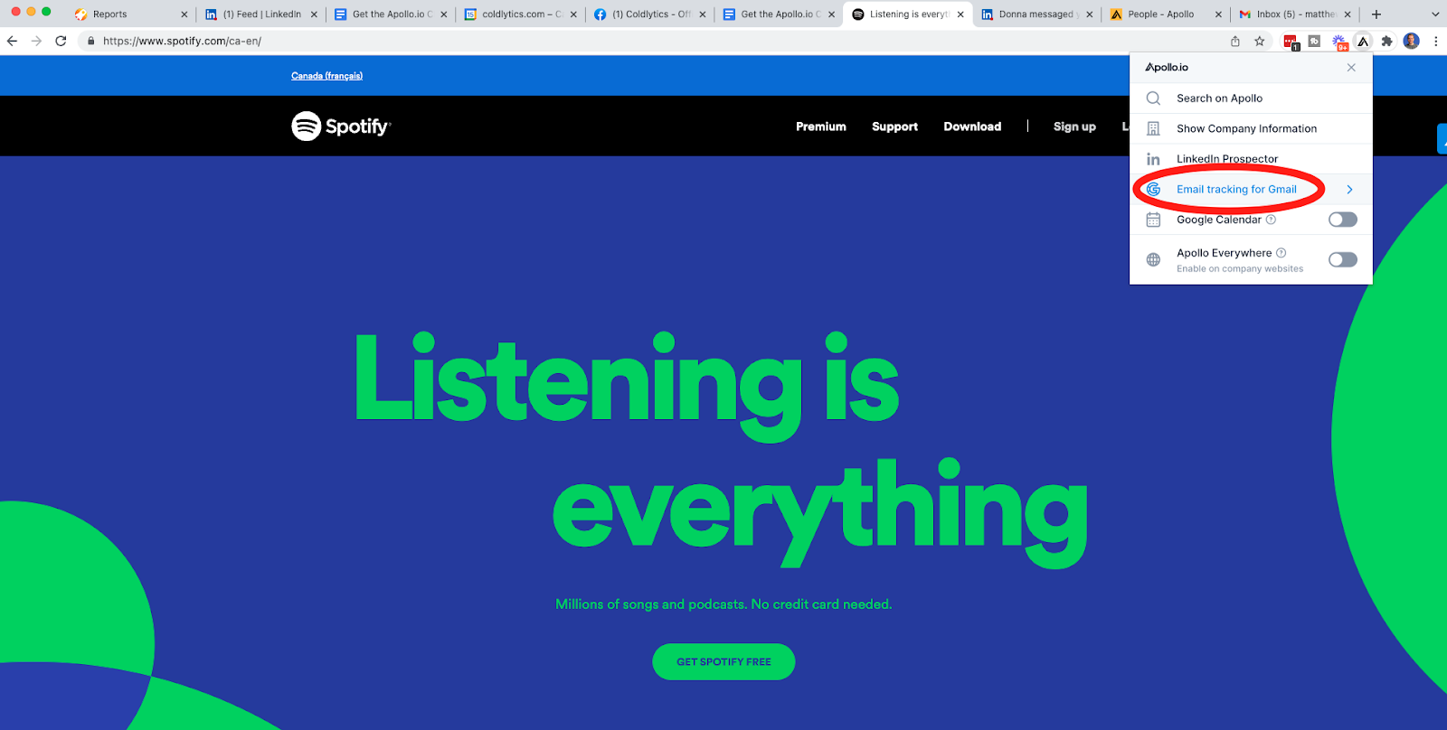 Email tracking for Gmail via the Apollo.io Chrome extension.