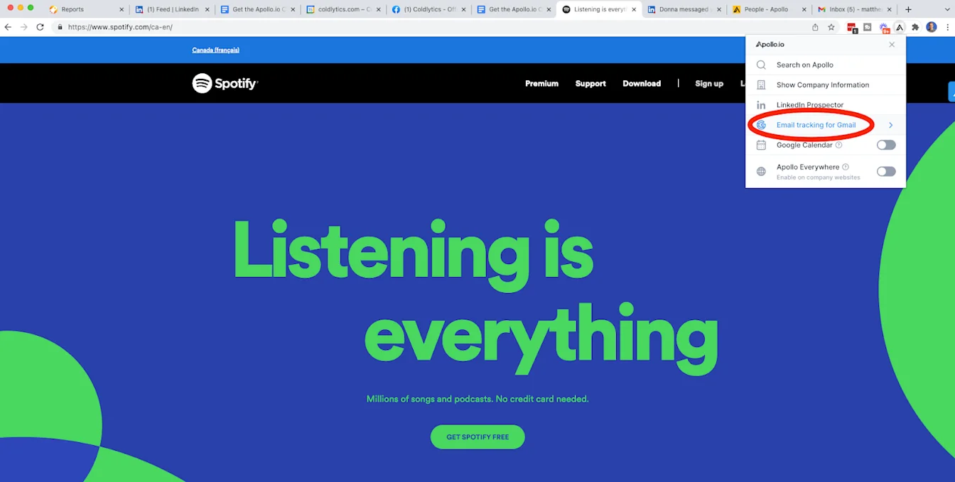 Email tracking for Gmail via the Apollo.io Chrome extension.