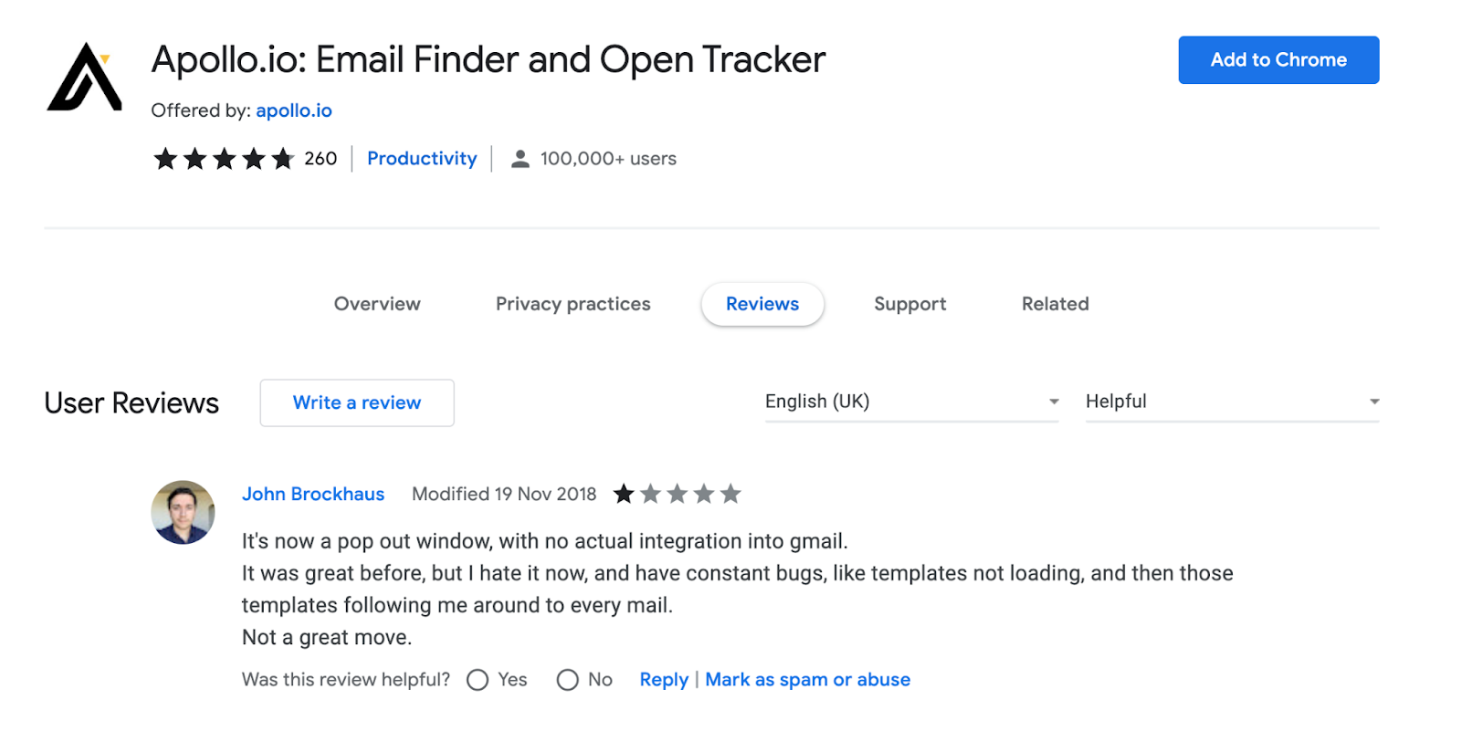 The Apollo.io Chrome Store page