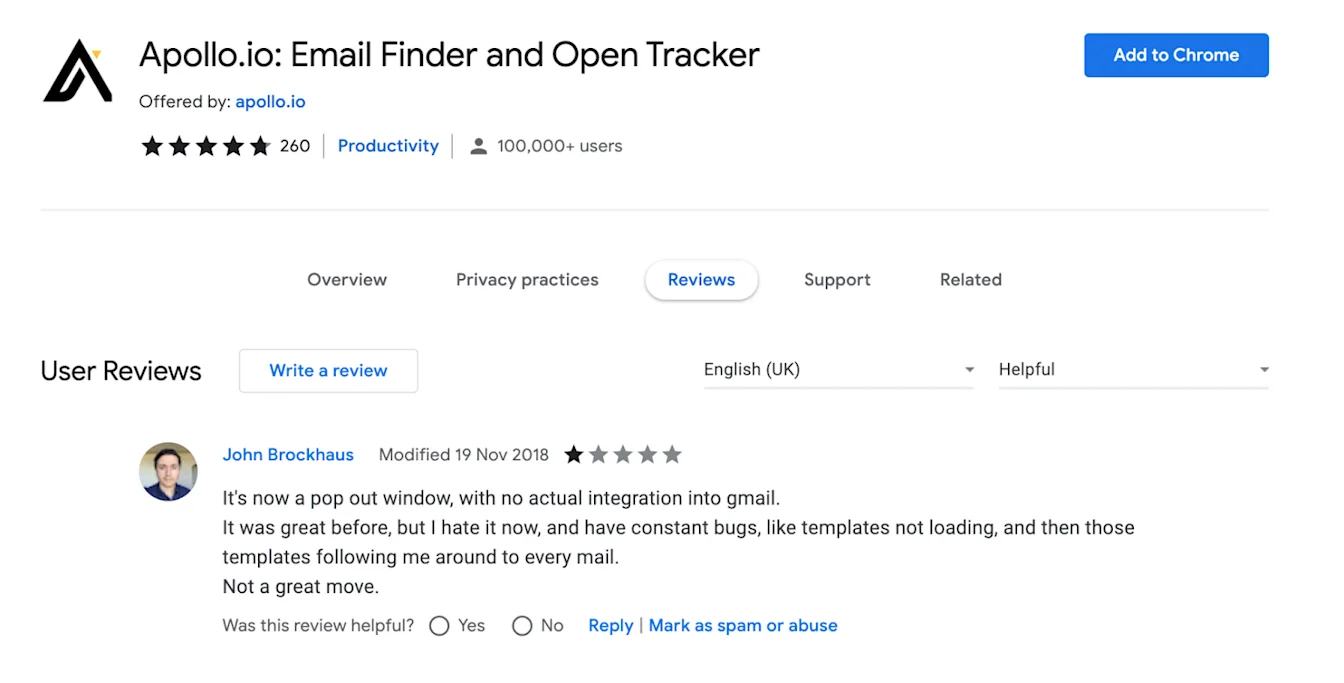 The Apollo.io Chrome Store page