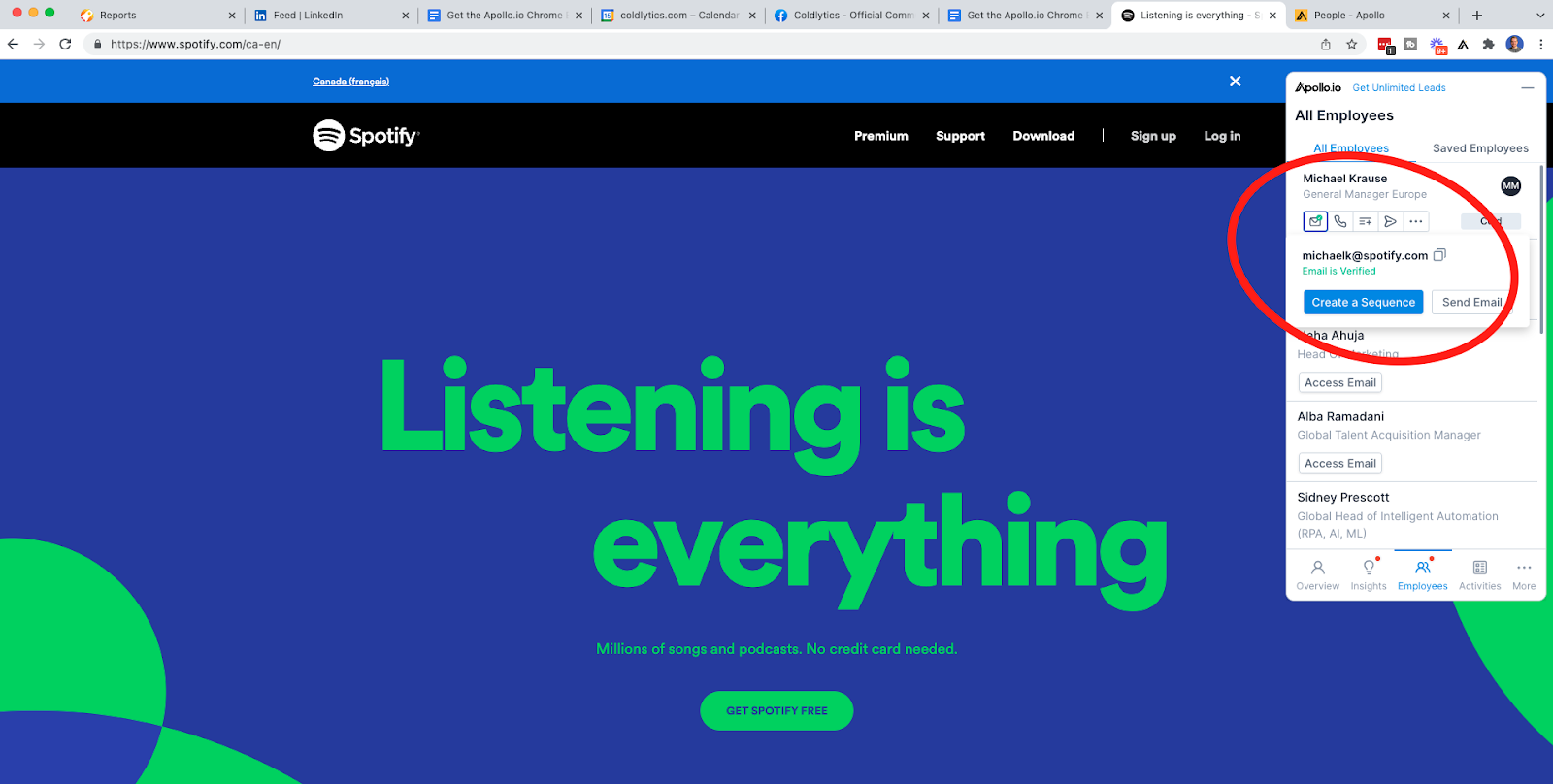 Create a sequence or send an email via the Apollo.io Chrome extension.