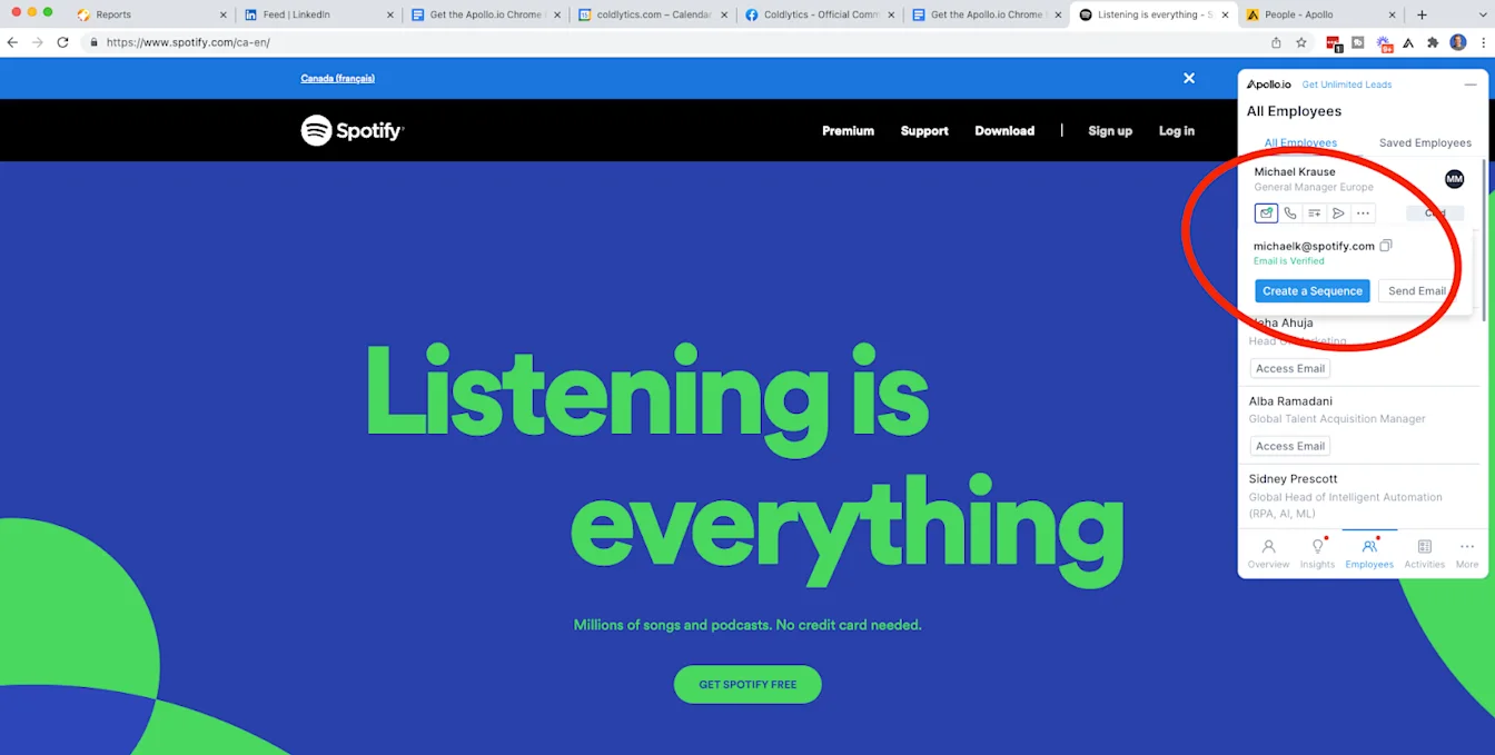 Create a sequence or send an email via the Apollo.io Chrome extension.