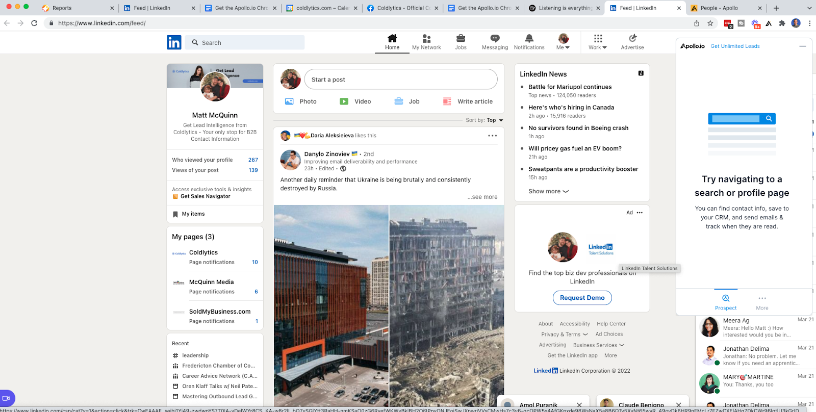 Prospecting on LinkedIn via the Apollo.io Chrome extension.