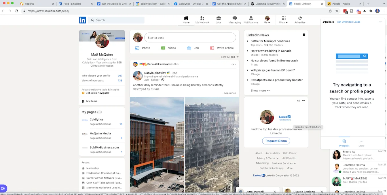 Prospecting on LinkedIn via the Apollo.io Chrome extension.