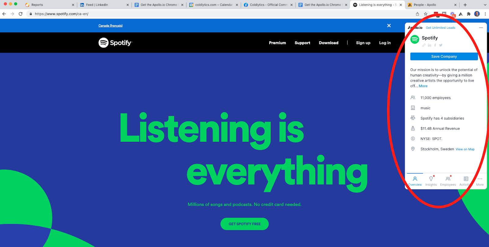 The company information view within the Apollo.io Chrome extension.