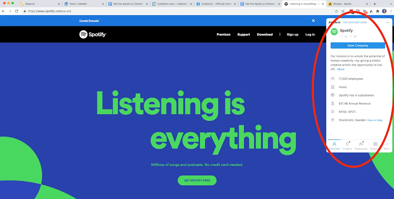 The company information view within the Apollo.io Chrome extension.