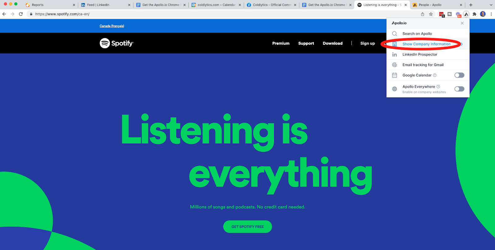 Showing company information using the Apollo.io Chrome extension.