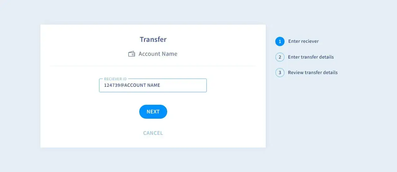 An example of a transfer's first step, where you first have to enter the address and then select currency and amount