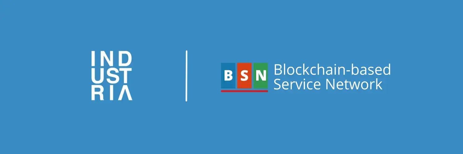Industria logo on the left, Blockchain-based Service Network on the right, both against an azure background