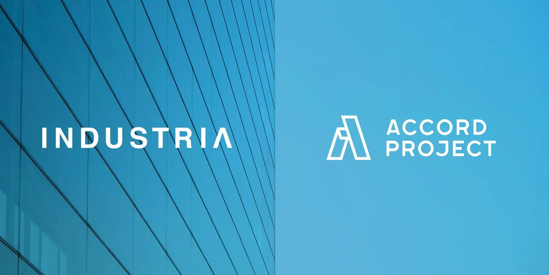 The INDUSTRIA and Accord Project logos against a corporate building on the left and a blue sky on the right.