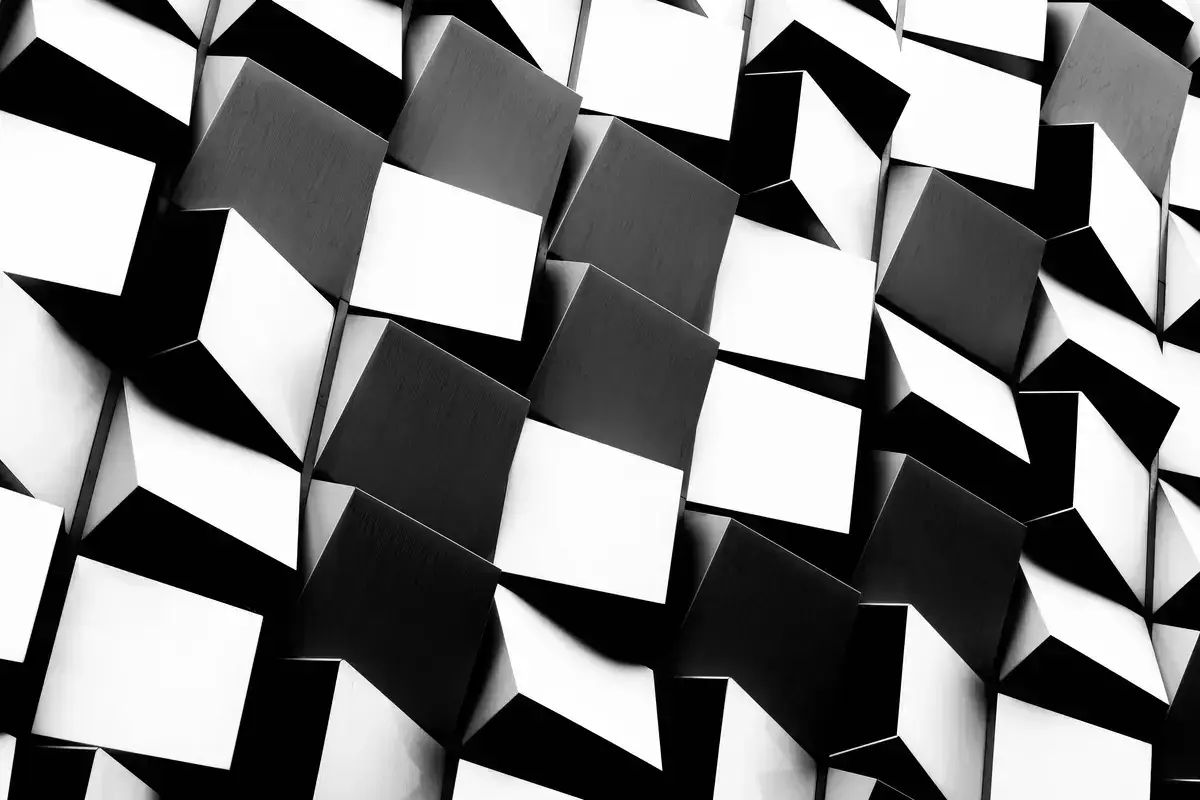 A black-and-white render of blocks representing blockchain nodes