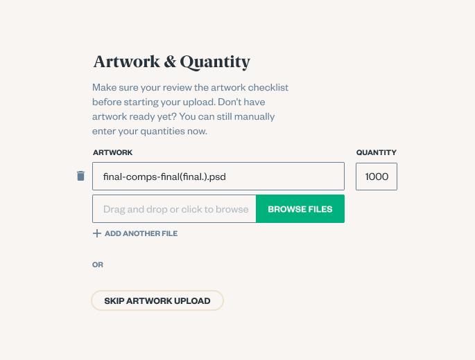 A UI allowing users to repeatedly upload artwork files and designate the label quantity for each file.